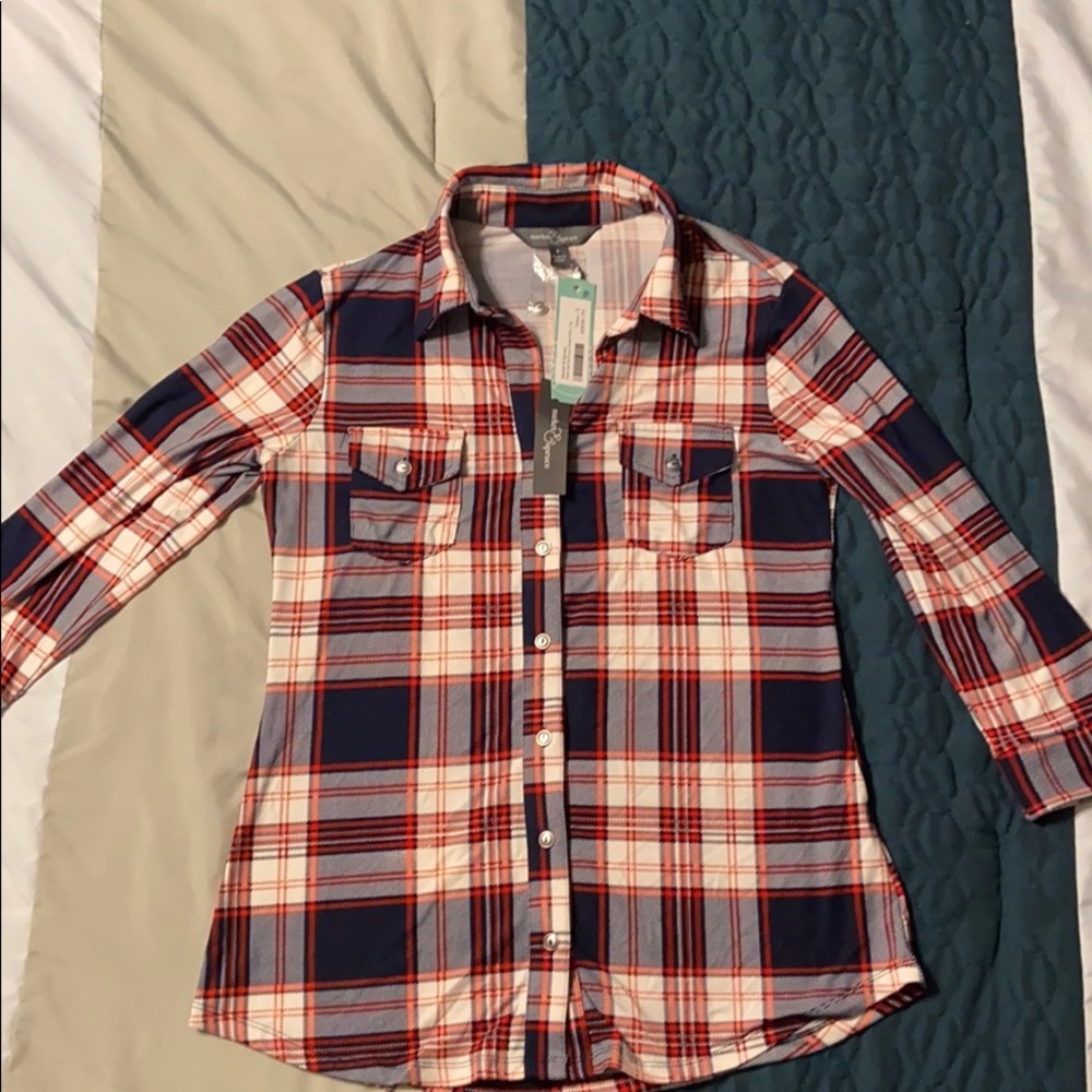 Red, white and blue checkered button up (S)